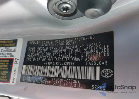 2014 Toyota Camry Se из США, поврежденный, VIN 4T1BF1FK7EU826698